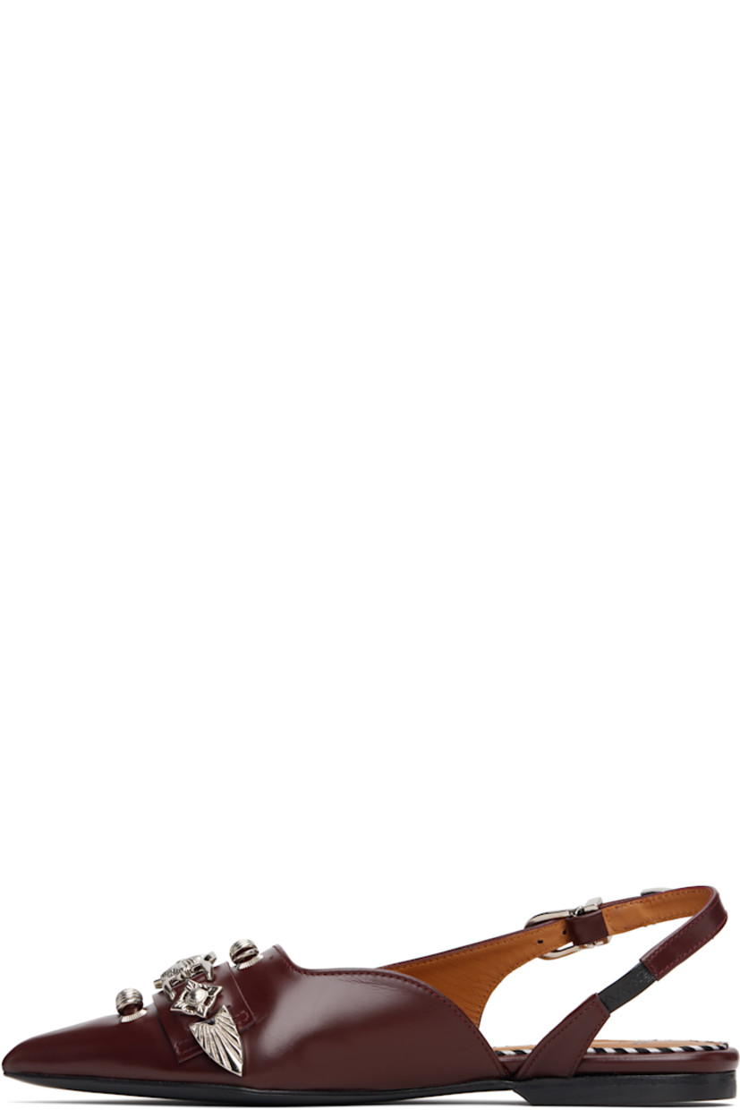 Buffed leather flats.

· Pointed toe
· Straps with graphic hardware at vamp
· Elasticized pin-buckle slingback strap
· Rubber heel
· Leather sole

Supplier color: Bordeaux