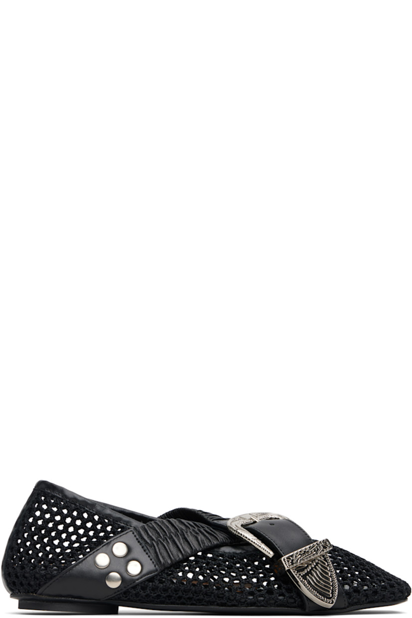 Sheer mesh and buffed leather ballerina flats.

· Square toe 
· Ruched crisscrossing pin-buckle strap at vamp 
· Graphic hardware and rivets at vamp
· Leather sole with rubber injection

Supplier color: Black