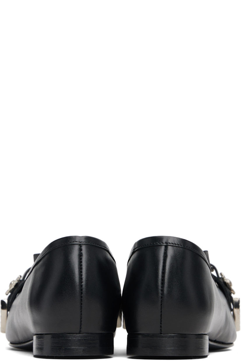 Buffed leather ballerina flats.

· Square toe
· Strap with graphic hardware at vamp
· Crisscrossing elasticized straps at vamp
· Stacked leather heel with rubber injection
· Leather sole

Supplier color: Black