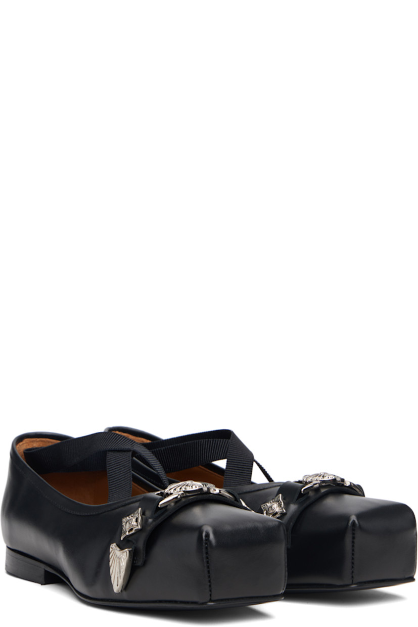 Buffed leather ballerina flats.

· Square toe
· Strap with graphic hardware at vamp
· Crisscrossing elasticized straps at vamp
· Stacked leather heel with rubber injection
· Leather sole

Supplier color: Black