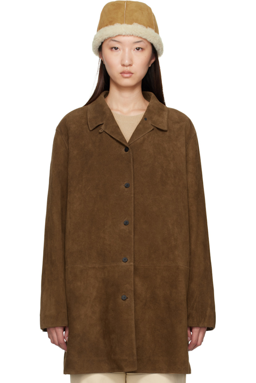 Suede jacket. 

· Button tab at spread collar
· Button closure
· Welt pocket at interior 
· Full twill lining

Supplier color: Brown