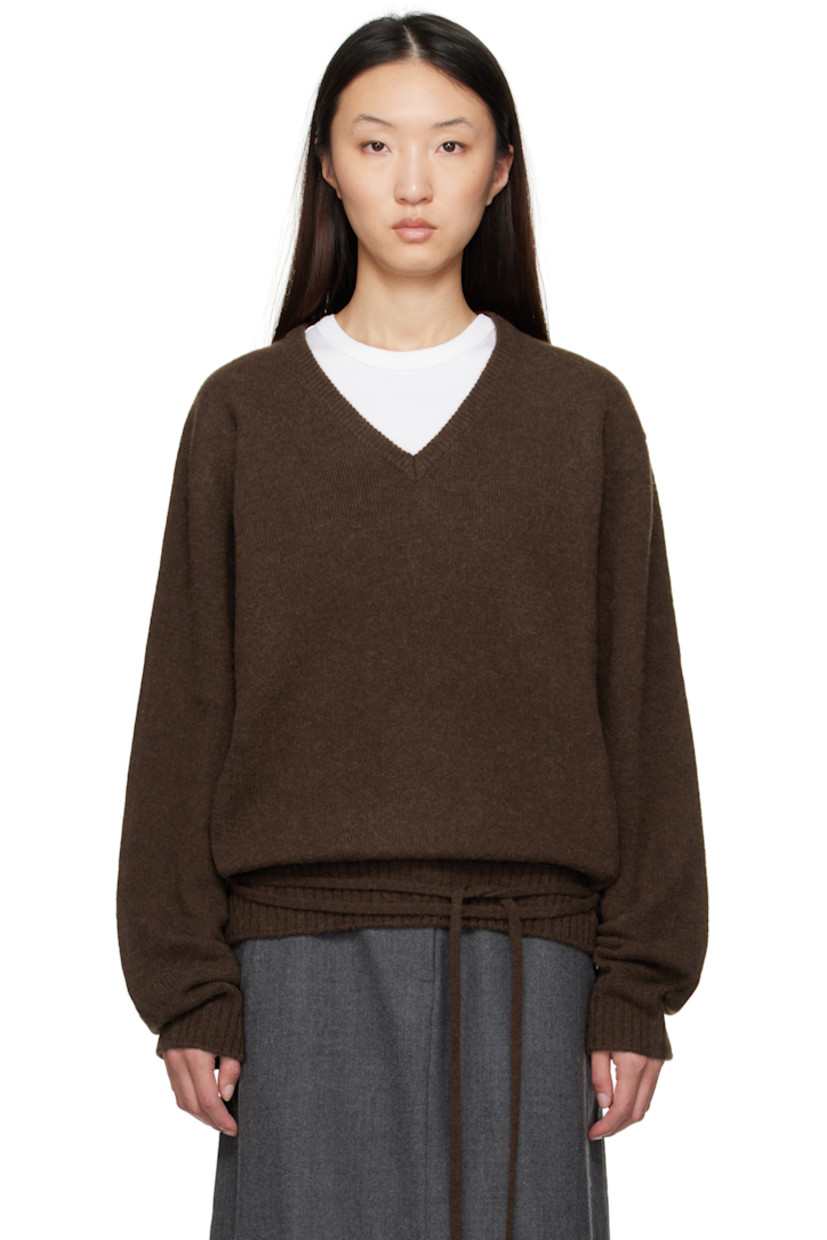 Brushed knit wool- and baby alpaca-blend sweater. 

· Rib-knit V-neck, hem, and cuffs
· Loops and self-tie straps at waist

Supplier color: Brown