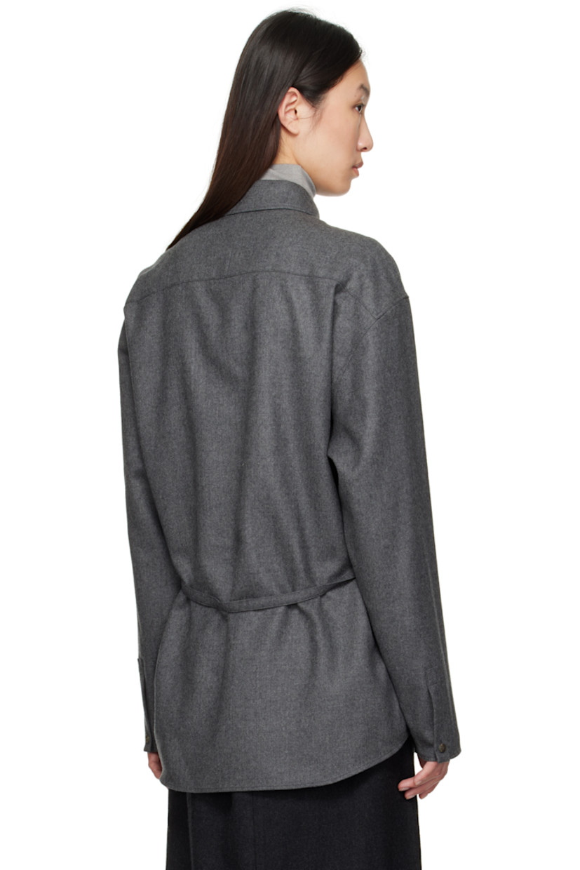 Brushed wool twill shirt. 

· Spread collar
· Button closure
· Belt loops and detachable self-tie belt
· Shirttail hem 
· Dropped shoulders
· Button fastening at cuffs

Supplier color: Gray