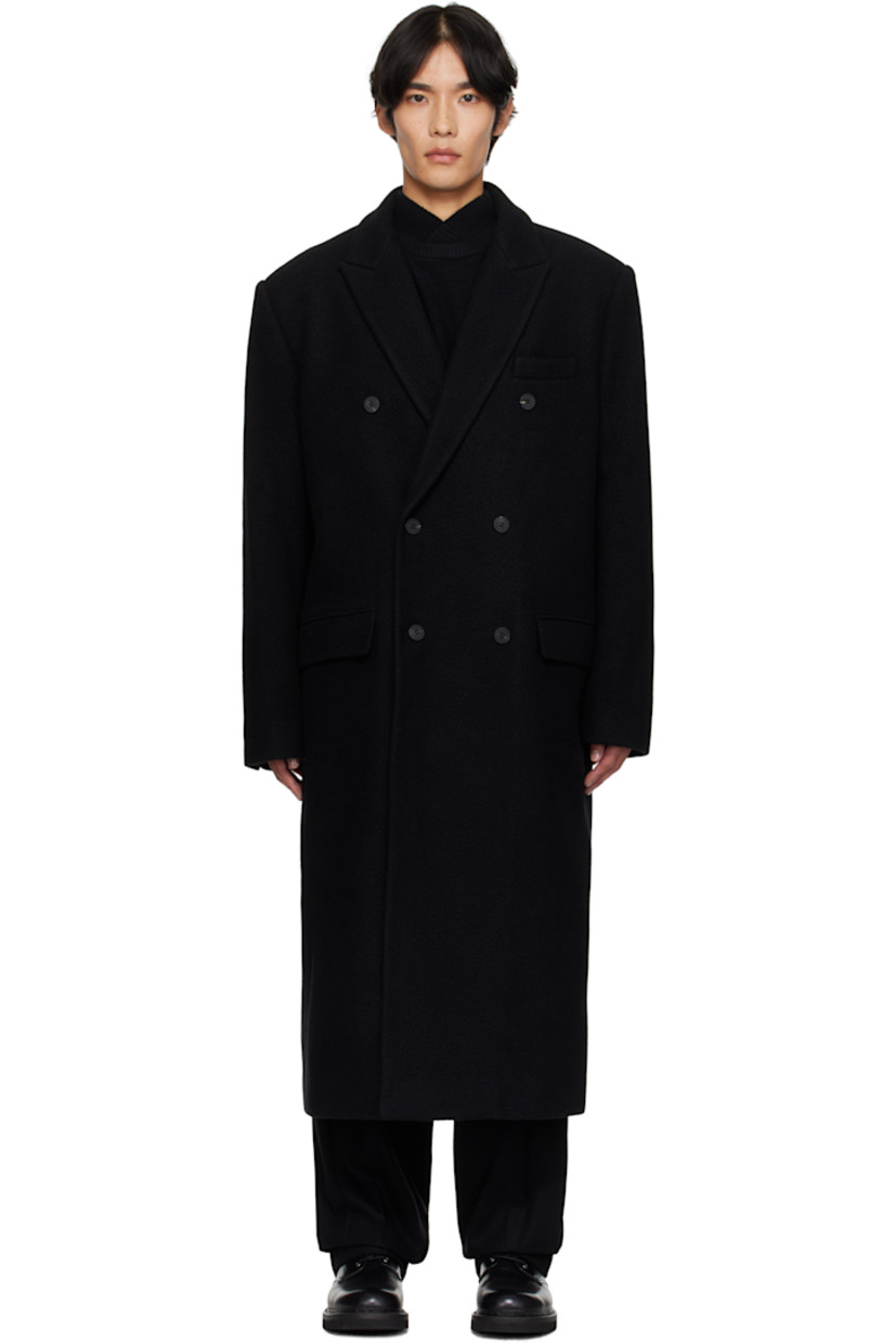 Wool- and cashmere-blend melton coat. 

· Peaked lapel
· Double-breasted button closure
· Welt pocket at chest
· Flap pockets at waist
· Buttoned surgeon's cuffs
· Logo hardware at back collar 
· Central vent at back hem 
· Welt pockets at interior 
· Full satin twill lining 

Supplier color: Black