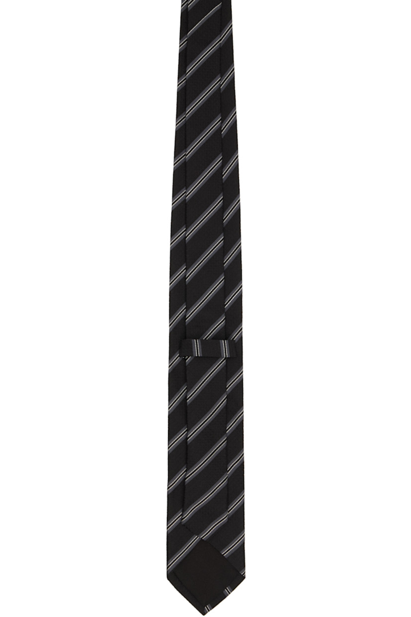 Silk twill tie

· Jacquard graphic pattern and stripes throughout
· Keeper loop at back face
· W2.75"

Supplier color: Black wide stripe