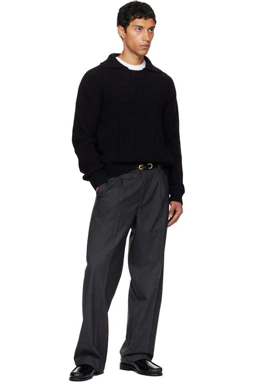 Deadstock wool delaine trousers.

· Raw edges throughout
· Wide straight-leg
· Mid-rise
· Belt loops
· Four-pocket styling
· Zip fly
· Pleats at front
· Creased legs
· Partial satin lining

Supplier color: Grey worsted wool