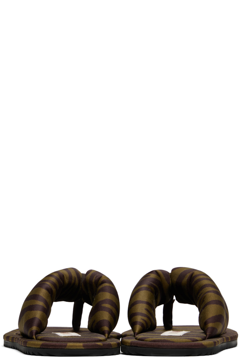 Padded satin flip-flops.

· Stripes throughout
· Open square toe
· Thong-style strap at vamp
· Logo patch at padded footbed
· Treaded rubber sole

Supplier color: Dark green/Dark brown