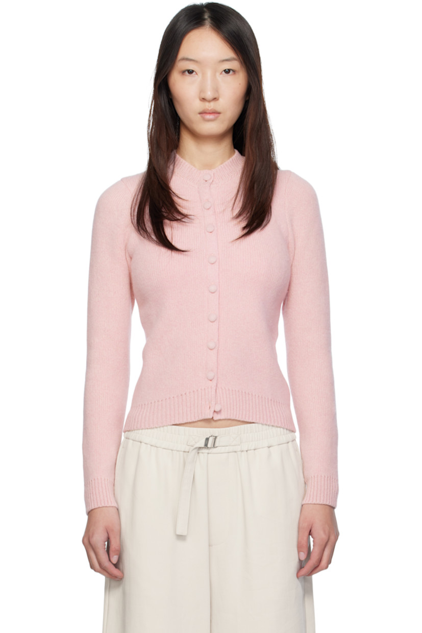 Knit stretch cashmere cardigan.

· Rib-knit crewneck, hem, and cuffs
· Button closure
· Textile-covered buttons
· Logo embroidered at back collar

Supplier color: Pink