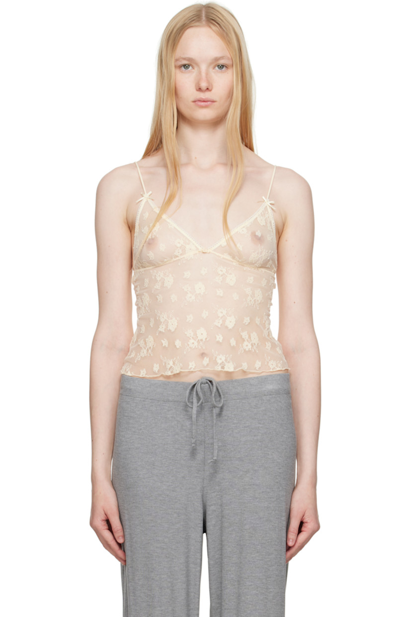 Sheer stretch nylon-blend lace camisole. Floral pattern throughout.

· Picot trim at plunging V-neck
· Floral appliqué at chest
· Bow appliqué at adjustable spaghetti straps

Wholesale exclusivity at SSENSE.

Supplier color: Butter two tone