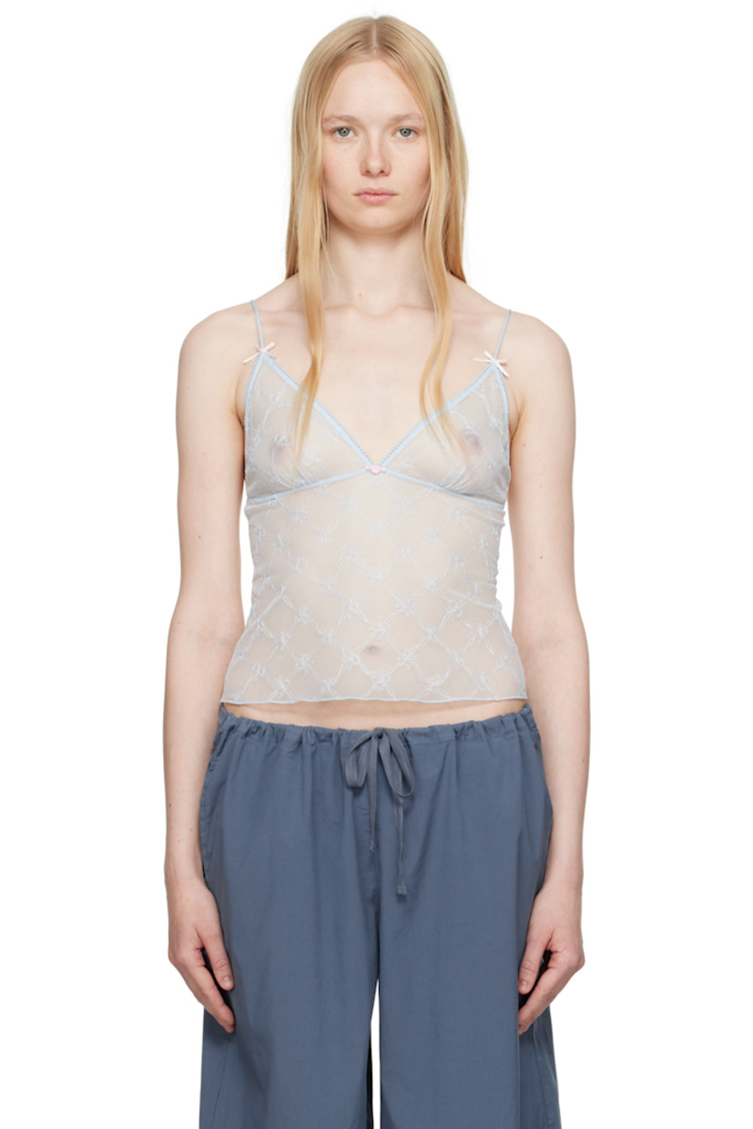 Sheer nylon tulle camisole. Embroidered graphic pattern throughout.

· Picot trim at plunging V-neck
· Floral appliqué at chest
· Bow appliqué at adjustable spaghetti straps

Wholesale exclusivity at SSENSE.

Supplier color: Powder blue bow tulle