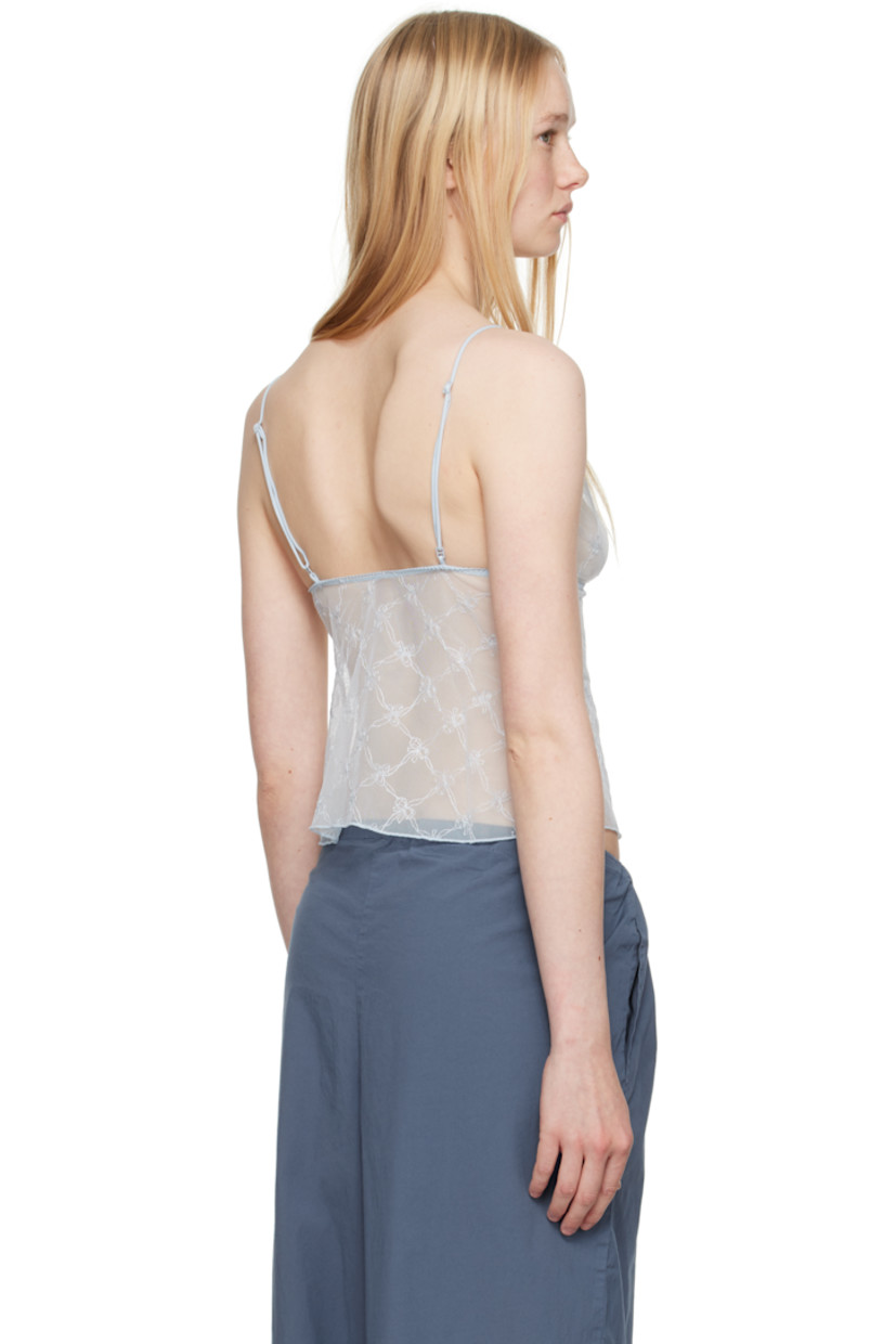 Sheer nylon tulle camisole. Embroidered graphic pattern throughout.

· Picot trim at plunging V-neck
· Floral appliqué at chest
· Bow appliqué at adjustable spaghetti straps

Wholesale exclusivity at SSENSE.

Supplier color: Powder blue bow tulle