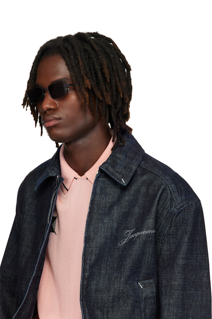 Rectangular stainless steel-frame sunglasses.

· Gray lenses
· 100% UVA/UVB protection, category 3 
· Adjustable rubber nose pads
· Logo etched at temples
· Navy acetate temple tips
· Includes pouch
· Size: 56.17 140

Supplier color: Black matt