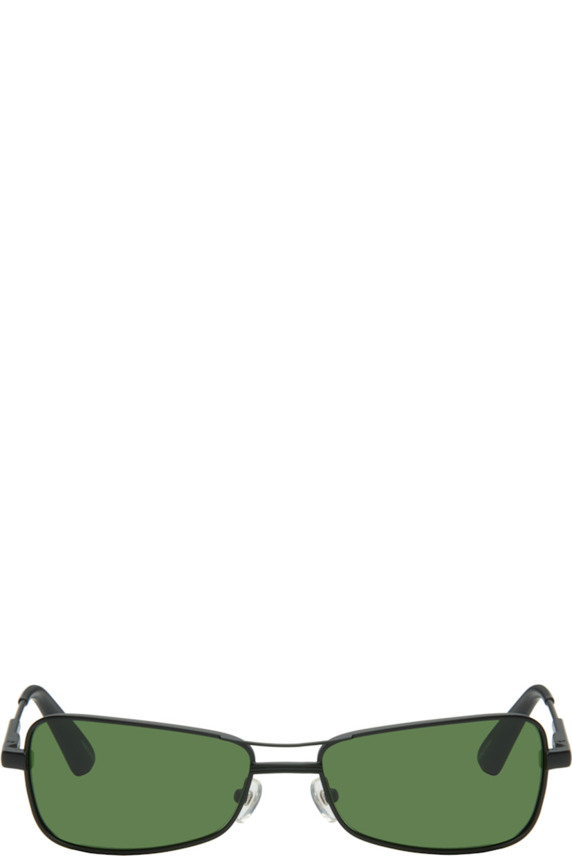 Modified rectangular stainless steel-frame sunglasses.

· Green lenses 
· 100% UVA/UVB protection, category 3 
· Adjustable rubber nose pads
· Double bridge 
· Logo etched at temples
· Includes pouch
· Size: 59.17 140

Supplier color: Black matt