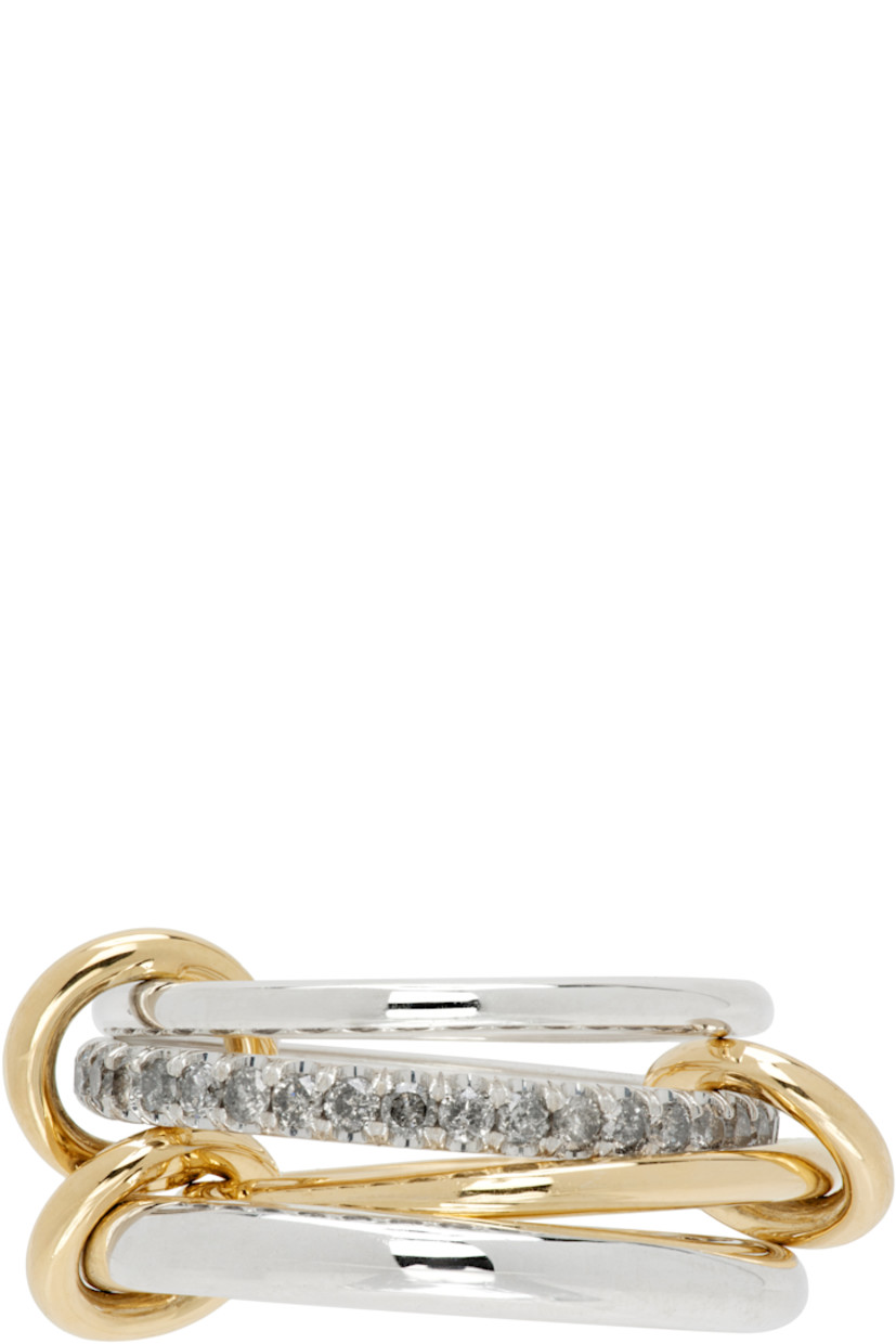 Handcrafted stacked rings in sterling silver and 18k gold.

· Connecting hoops in 18k gold
· Pavé-set 0.70 cttw gray diamonds at band

Supplier color: Silver/Gold