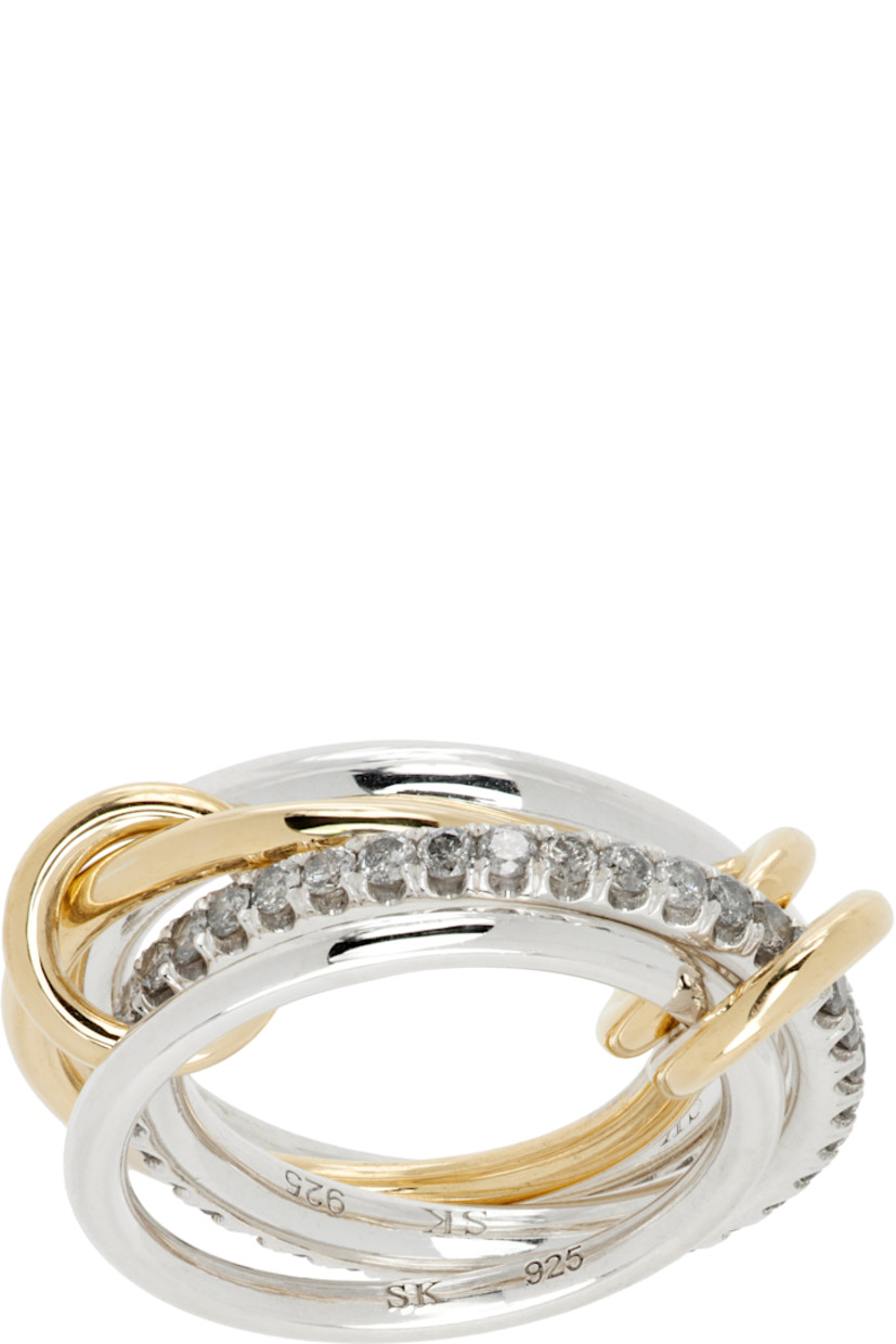 Handcrafted stacked rings in sterling silver and 18k gold.

· Connecting hoops in 18k gold
· Pavé-set 0.70 cttw gray diamonds at band

Supplier color: Silver/Gold