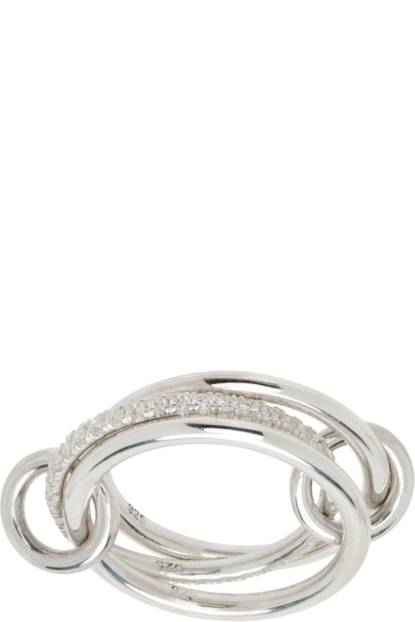 Handcrafted stacked rings in sterling silver.

· Connecting hoops at length
· Pavé-set 0.50 cttw diamonds
· Hallmarking at inner band

Supplier color: Silver