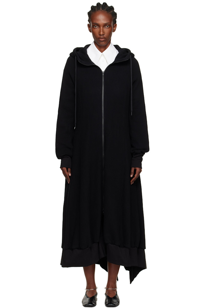 Cotton-blend fleece maxi dress.

· Drawstring at hood
· Stand collar
· Two-way zip closure
· Seam pockets at waist
· Rib-knit hem and cuffs
· Raglan sleeves

Supplier color: Black