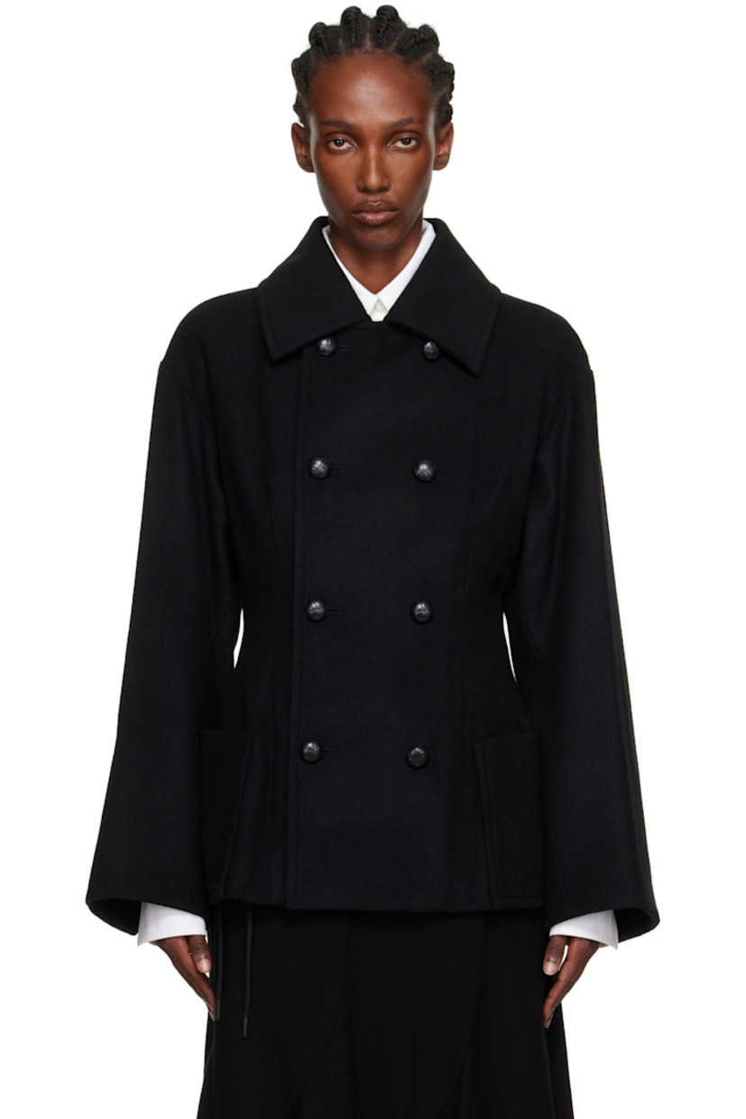 Wool-blend melton coat.

· Darts throughout
· Spread collar
· Double-breasted button closure
· Patch pockets at front
· Dropped shoulders
· Surgeon's cuffs
· Darts at back
· Full satin lining

Supplier color: Black