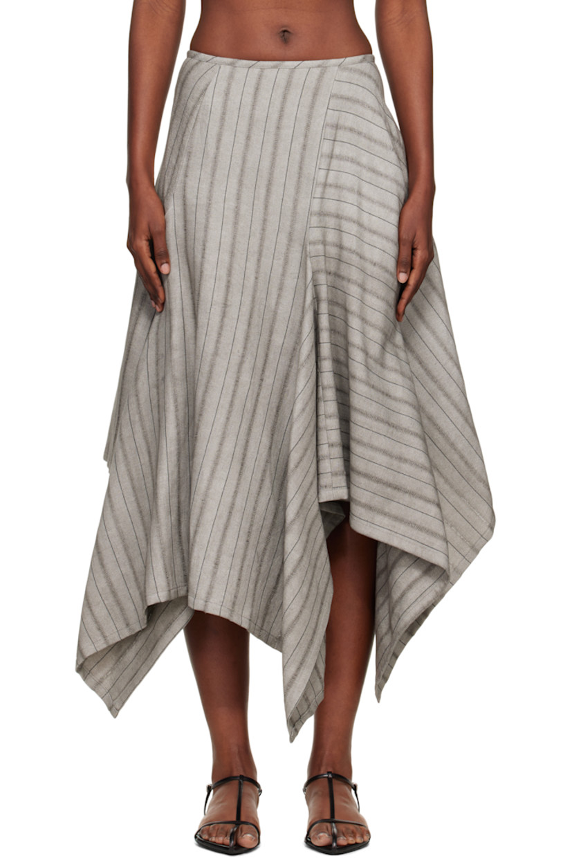 Cotton- and linen-blend herringbone midi skirt.

· Stripes throughout
· Asymmetrical construction
· Single-pocket styling
· Handkerchief hem
· Zip closure at back

Supplier color: Grey