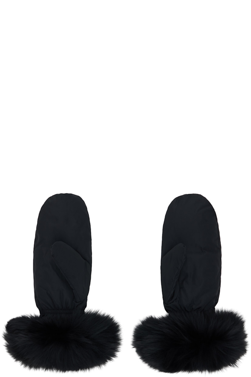 Pair of down-filled satin mittens. Fox fur trim at elasticized cuffs.

Supplier color: Noir

Fill: 90% duck down, 10% duck feather. Trim: 100% fox fur.