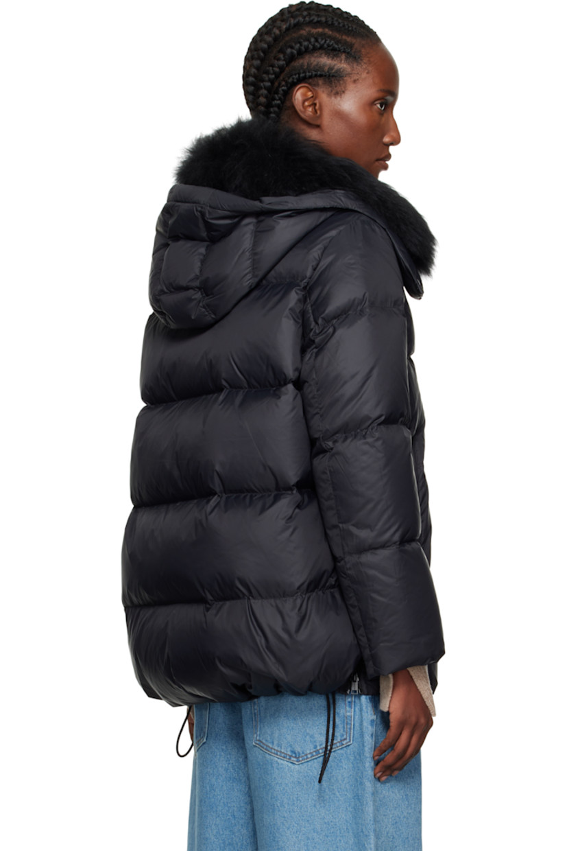Quilted down-filled nylon taffeta jacket.

· Detachable hood
· Detachable lamb fur trim at stand collar
· Two-way zip closure
· Press-stud welt pockets at waist
· Bungee-style drawstring at hem
· Zip vent at side seams
· Inset jersey cuffs
· Fully lined
· Logo-engraved hardware

Supplier color: Black

Fill: 95% duck down, 5% duck feather.