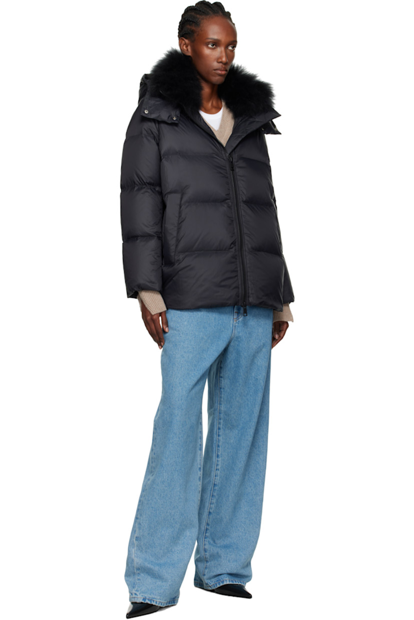 Quilted down-filled nylon taffeta jacket.

· Detachable hood
· Detachable lamb fur trim at stand collar
· Two-way zip closure
· Press-stud welt pockets at waist
· Bungee-style drawstring at hem
· Zip vent at side seams
· Inset jersey cuffs
· Fully lined
· Logo-engraved hardware

Supplier color: Black

Fill: 95% duck down, 5% duck feather.