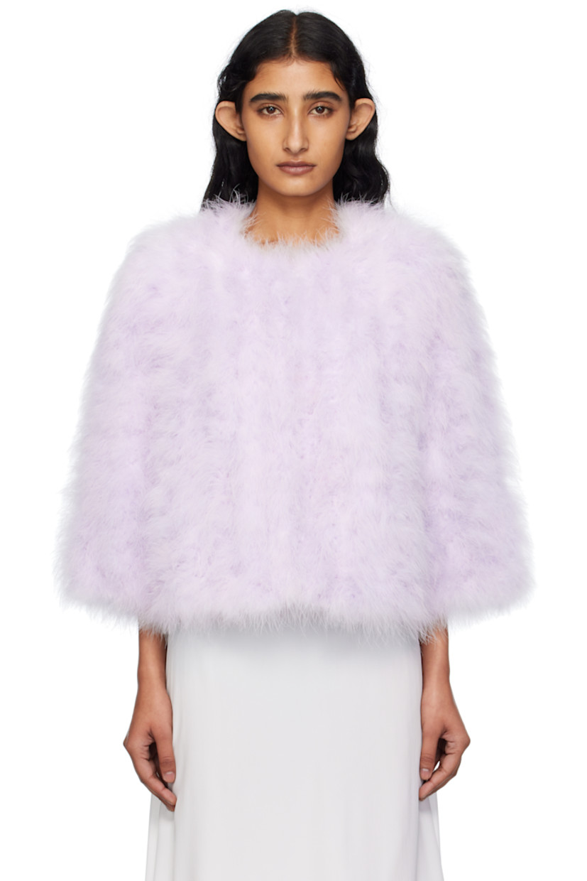 Turkey feather jacket.

· Round neck
· Single hook-eye closure at front
· Full silk satin lining

Supplier color: Glycine

Body: 100% turkey feathers.