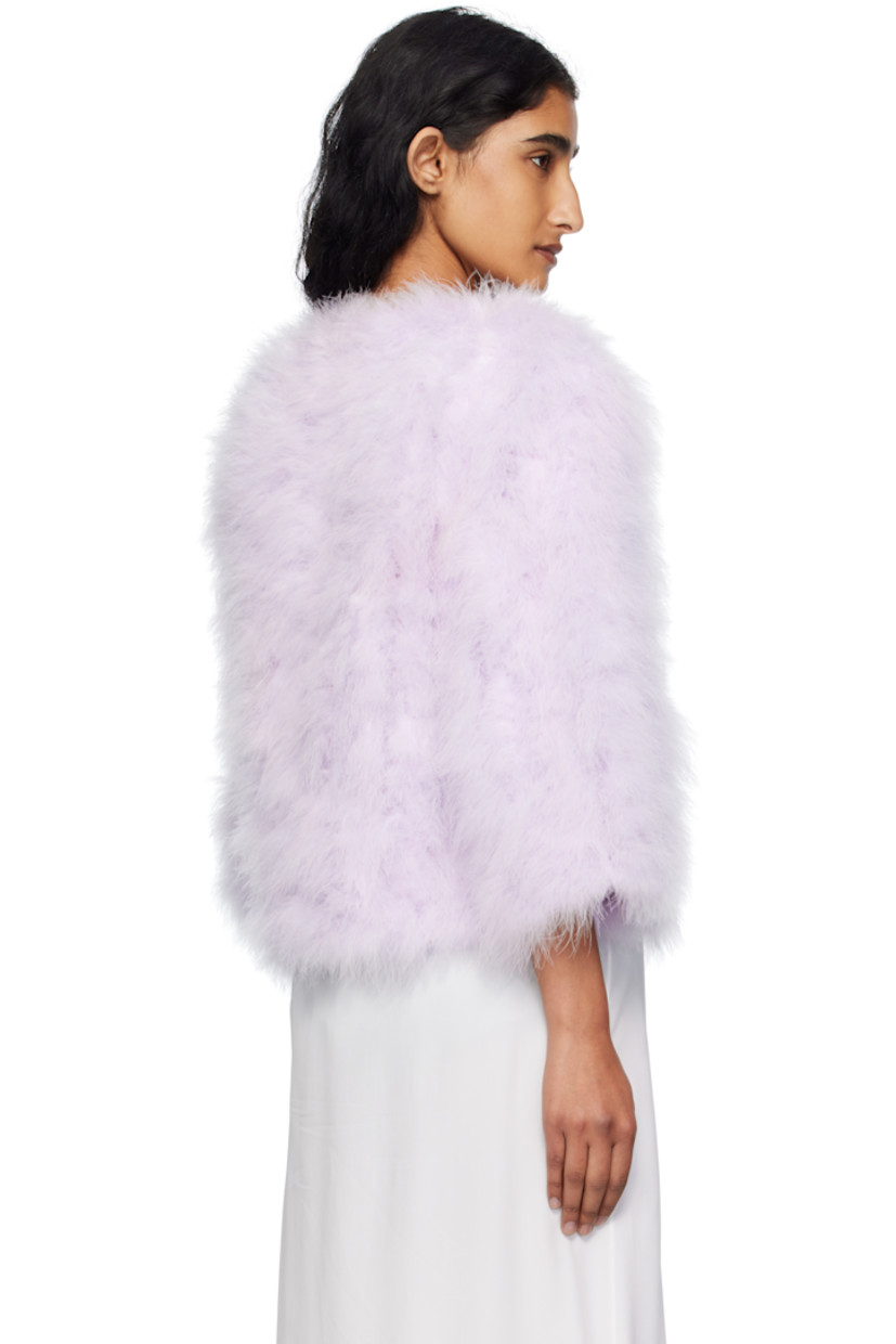 Turkey feather jacket.

· Round neck
· Single hook-eye closure at front
· Full silk satin lining

Supplier color: Glycine

Body: 100% turkey feathers.