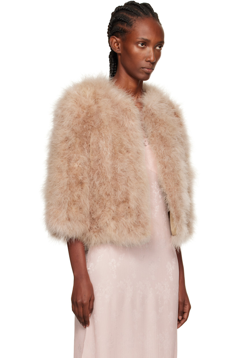 Lightweight turkey feather jacket.

· Round neck
· Hook-eye closure
· Welt pockets
· Cropped hem
· Three-quarter sleeves
· Full silk satin lining

Supplier color: Palombaggia

Body: 100% turkey feather.
