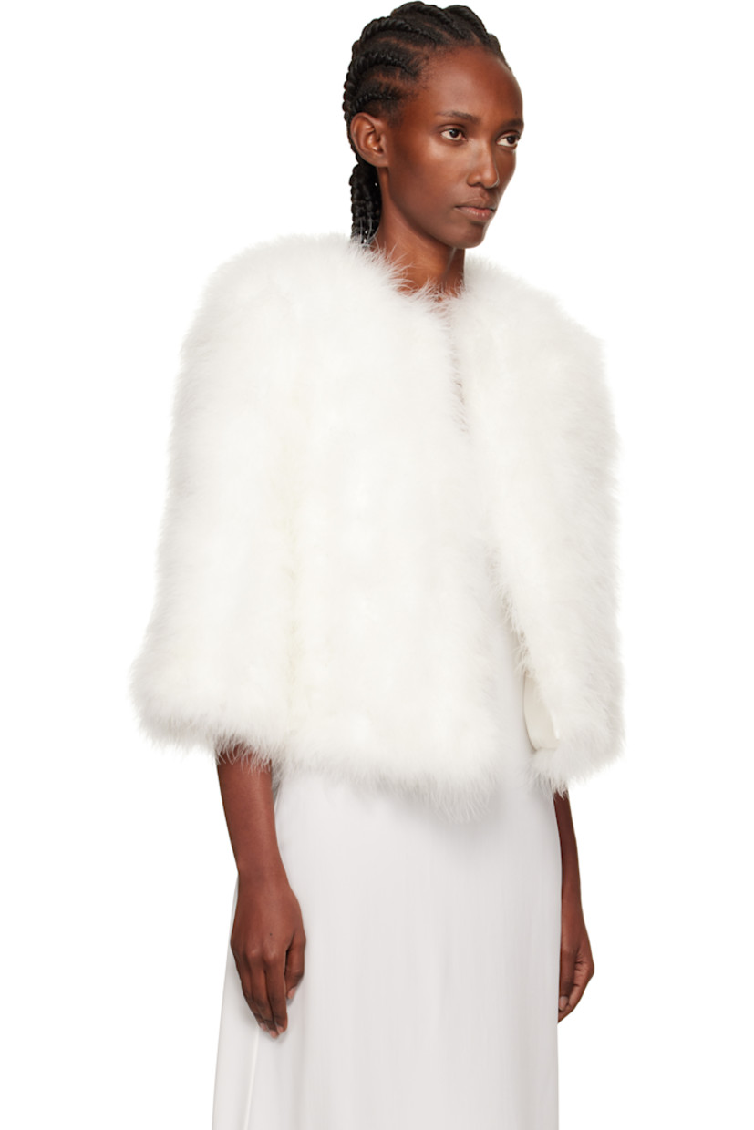 Lightweight turkey feather jacket.

· Round neck
· Hook-eye closure
· Welt pockets
· Cropped hem
· Three-quarter sleeves
· Full silk satin lining

Supplier color: Meringue

Body: 100% turkey feather.