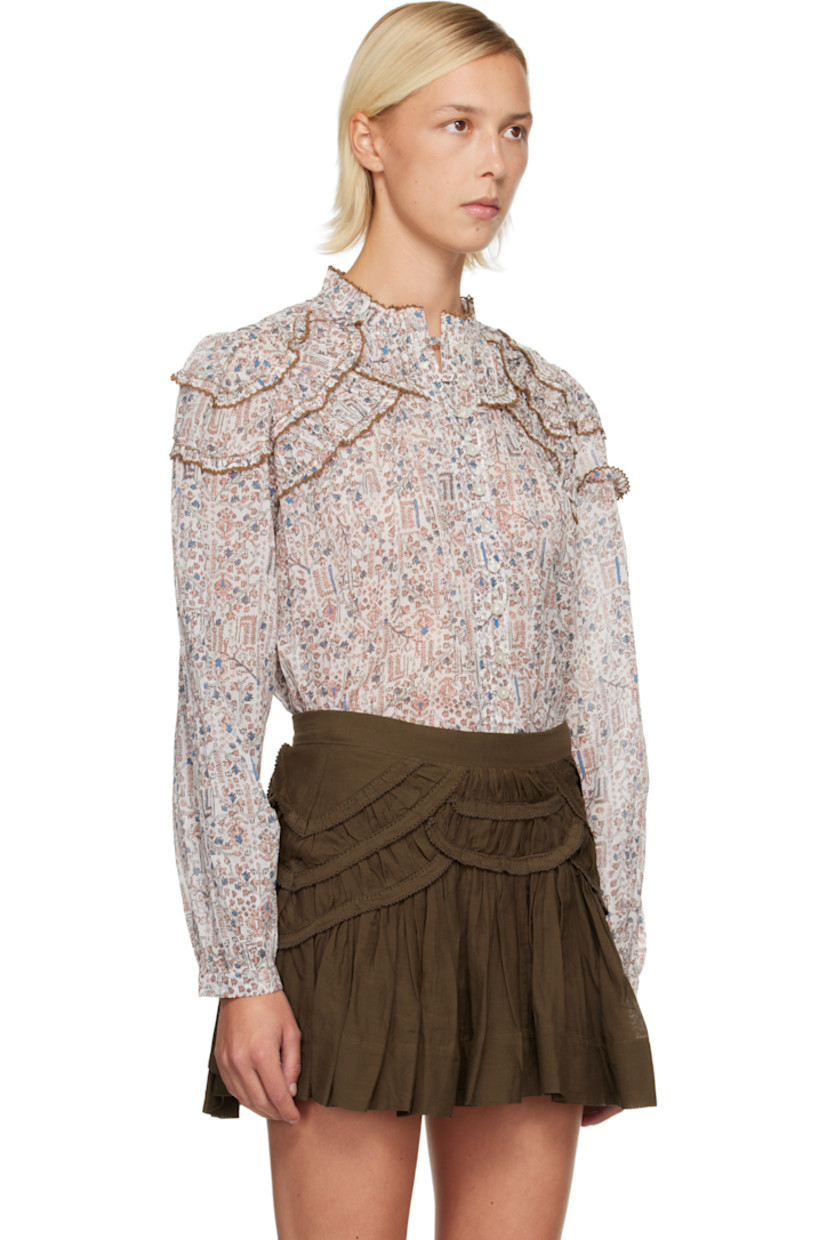 Semi-sheer cotton poplin blouse.

· Graphic pattern printed throughout
· Lace trim at round neck
· Button closure
· Panels with lace trim at shoulders
· Gathering at cuffs and back yoke
· Button fastening at cuffs

Supplier color: Ecru