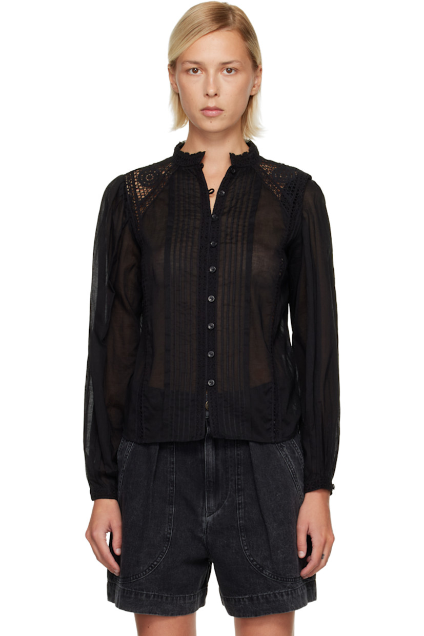 GOTS-certified organic cotton poplin blouse.

· Lace trim throughout
· Band collar
· Button closure
· Tucks at front
· Shirttail hem
· Gathering at cuffs and back yoke
· Button fastening at cuffs

Supplier color: Black