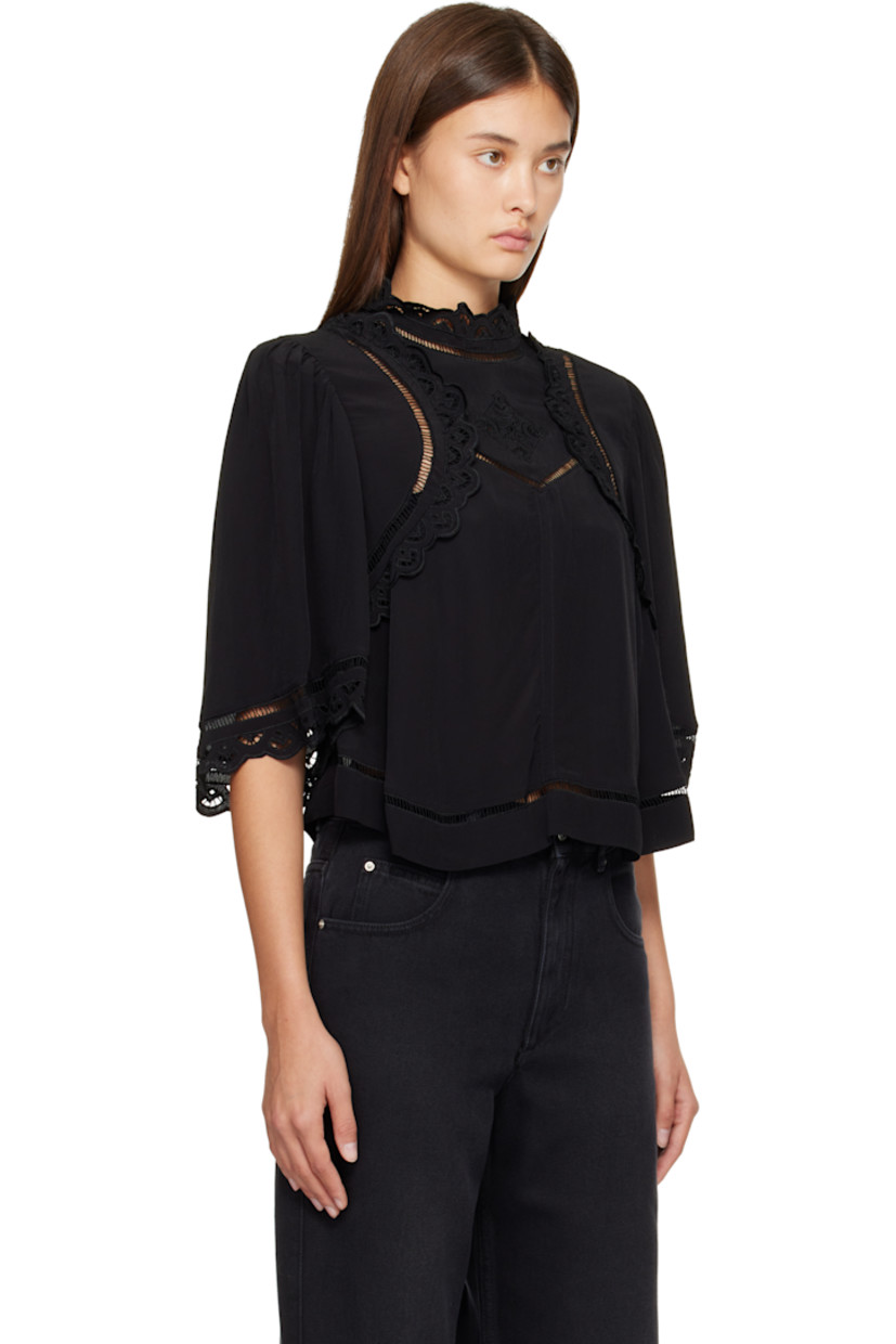 Viscose crêpe blouse.

· Silk lace trim with scalloped edges throughout
· Stand collar
· Cropped hem
· Gathering at shoulders
· Button fastening at back collar

Supplier color: Black