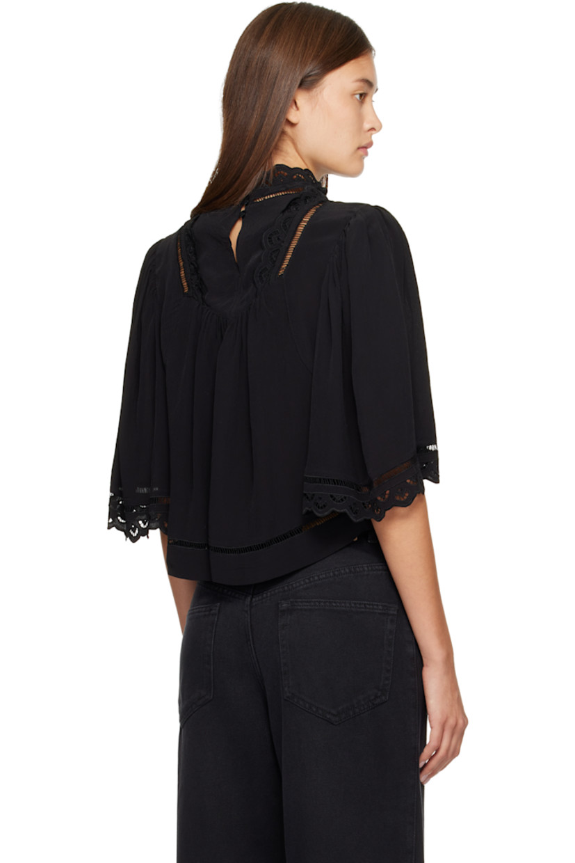 Viscose crêpe blouse.

· Silk lace trim with scalloped edges throughout
· Stand collar
· Cropped hem
· Gathering at shoulders
· Button fastening at back collar

Supplier color: Black