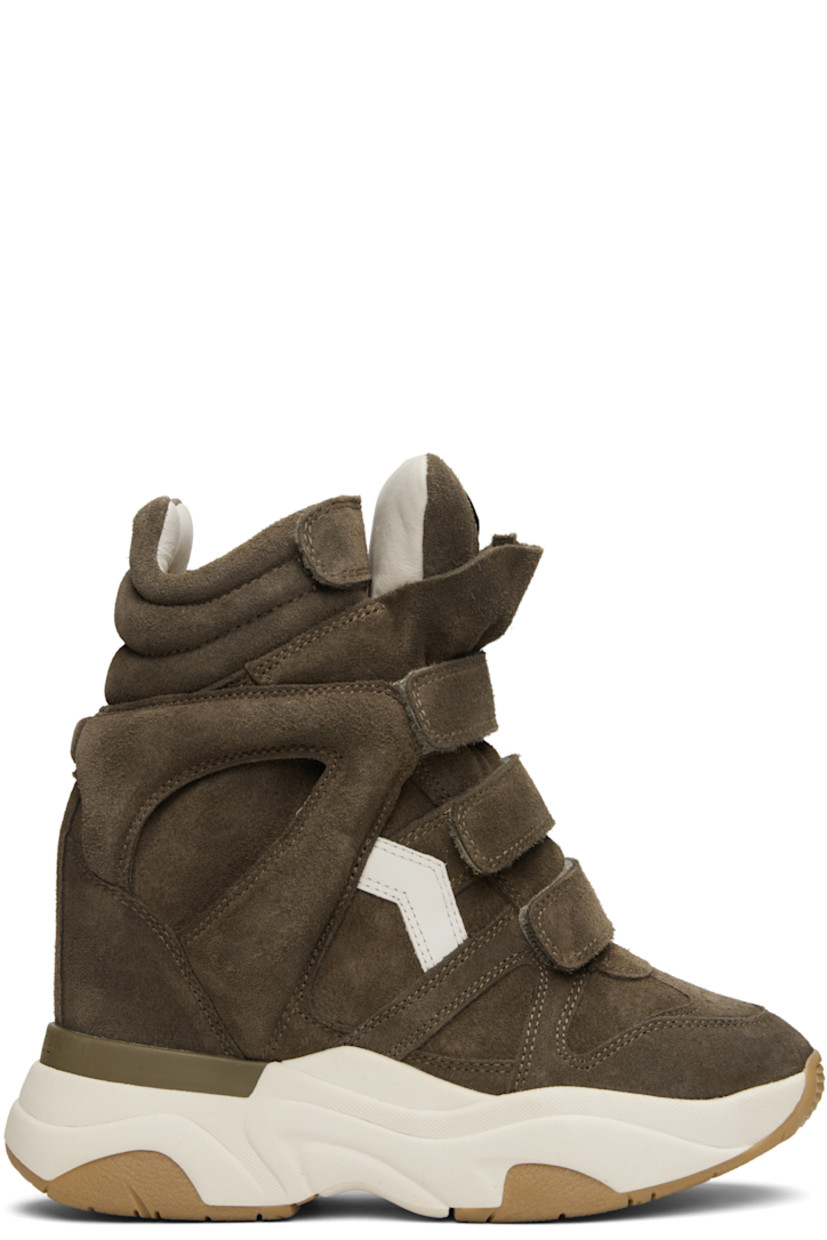 High-top calfskin suede sneakers.

· Perforated detailing at toe
· Velcro closure
· Logo patch at padded tongue
· Quilted padded collar
· Cutout and logo appliqué at sides
· Logo embossed at heel counter
· Grained leather lining
· Concealed wedge heel
· Treaded rubber platform sole
· Platform: H2"
· Heel: H4"

Supplier color: Khaki/Ecru