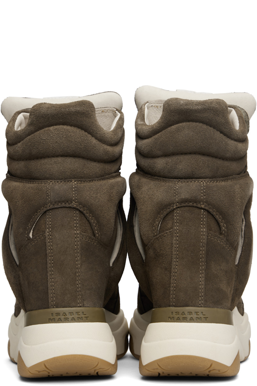 High-top calfskin suede sneakers.

· Perforated detailing at toe
· Velcro closure
· Logo patch at padded tongue
· Quilted padded collar
· Cutout and logo appliqué at sides
· Logo embossed at heel counter
· Grained leather lining
· Concealed wedge heel
· Treaded rubber platform sole
· Platform: H2"
· Heel: H4"

Supplier color: Khaki/Ecru