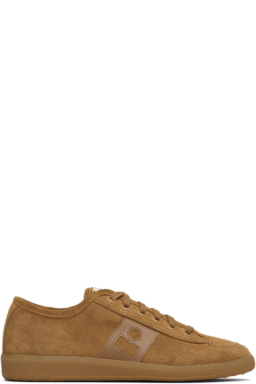 Low-top calfskin suede sneakers.

· Lace-up closure
· Logo patch at padded tongue
· Logo appliqué at outer side
· Canvas lining
· Treaded rubber sole

Supplier color: Cognac