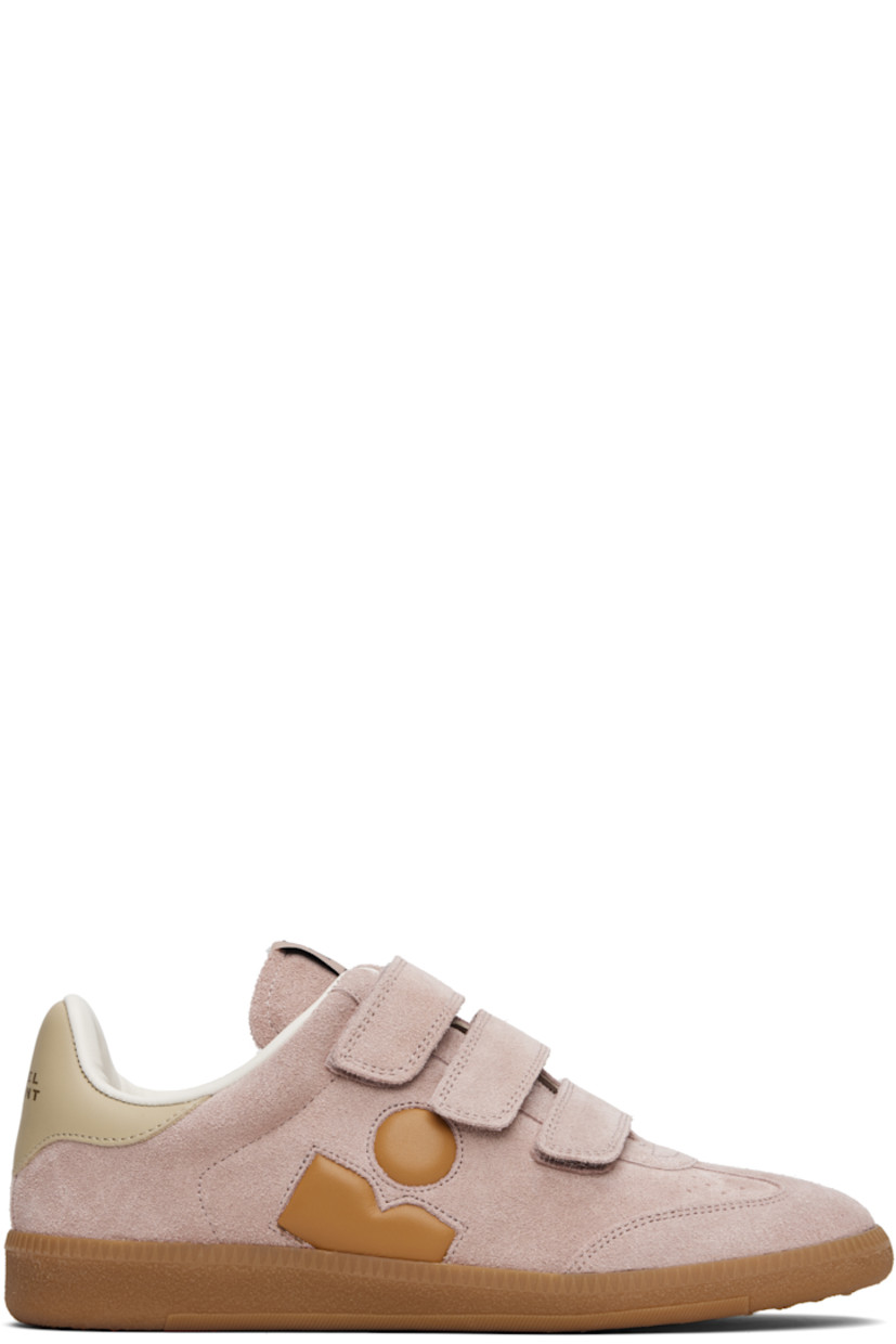Low-top calfskin suede sneakers.

· Perforated detailing at toe
· Velcro closure
· Logo patch at padded tongue
· Padded collar
· Inset logo at outer side
· Logo stamp at heel tab
· Terrycloth lining
· Treaded rubber sole

Supplier color: Faded pink/Honey