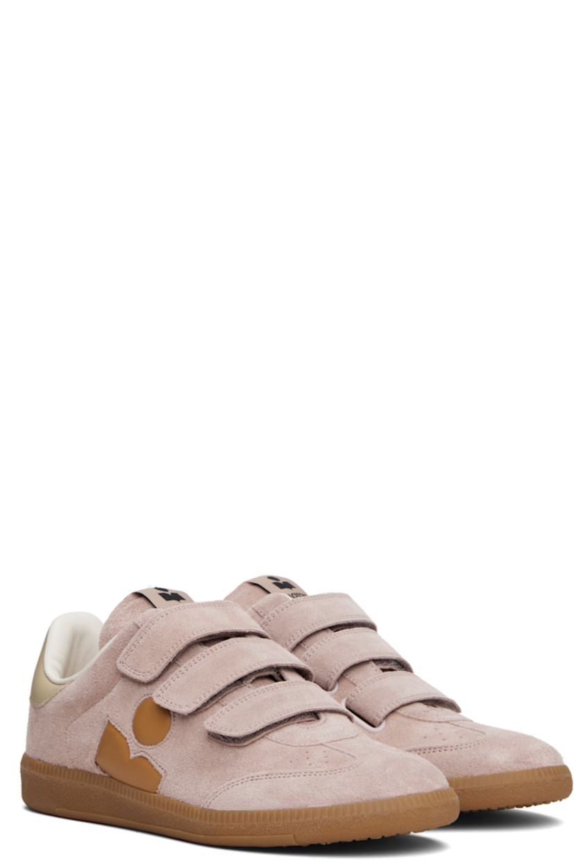 Low-top calfskin suede sneakers.

· Perforated detailing at toe
· Velcro closure
· Logo patch at padded tongue
· Padded collar
· Inset logo at outer side
· Logo stamp at heel tab
· Terrycloth lining
· Treaded rubber sole

Supplier color: Faded pink/Honey