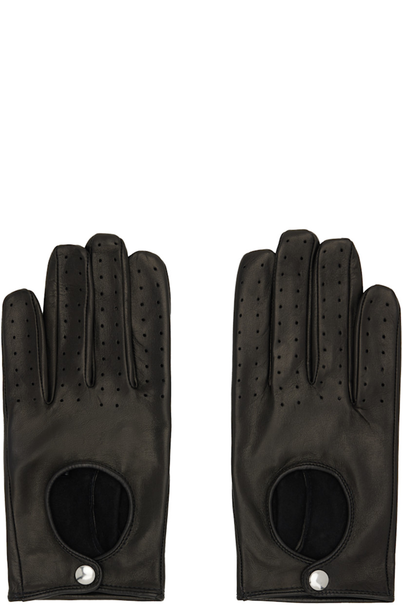 Pair of grained lambskin leather gloves.

· Perforated detailing at fingers
· Cutout at top
· Press-stud fastening at cuffs
· Logo-engraved silver-tone hardware

Supplier color: Black