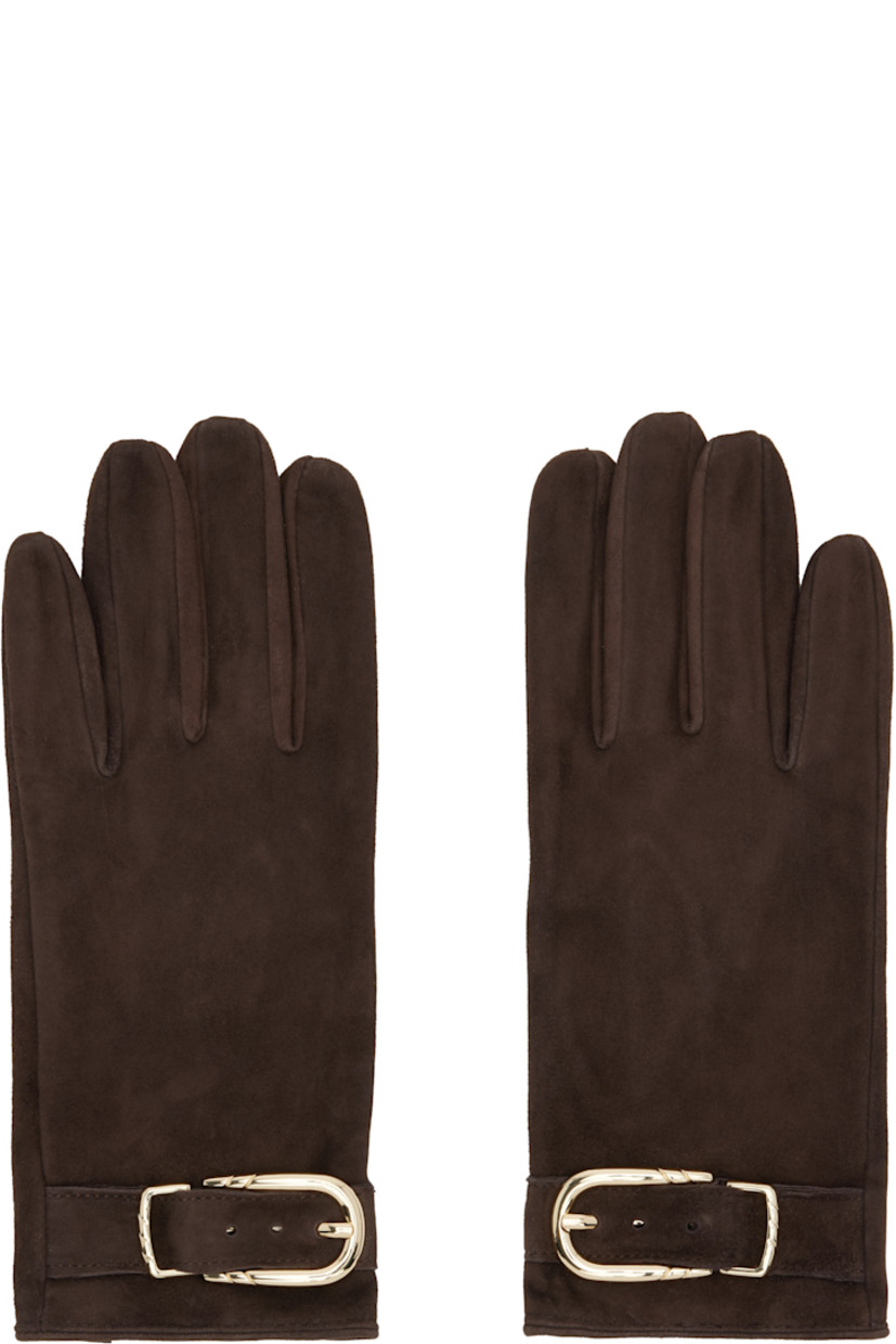 Suede gloves.

· Pin-buckle strap at top
· Press-stud fastening at vented cuffs

Supplier color: Brown suede