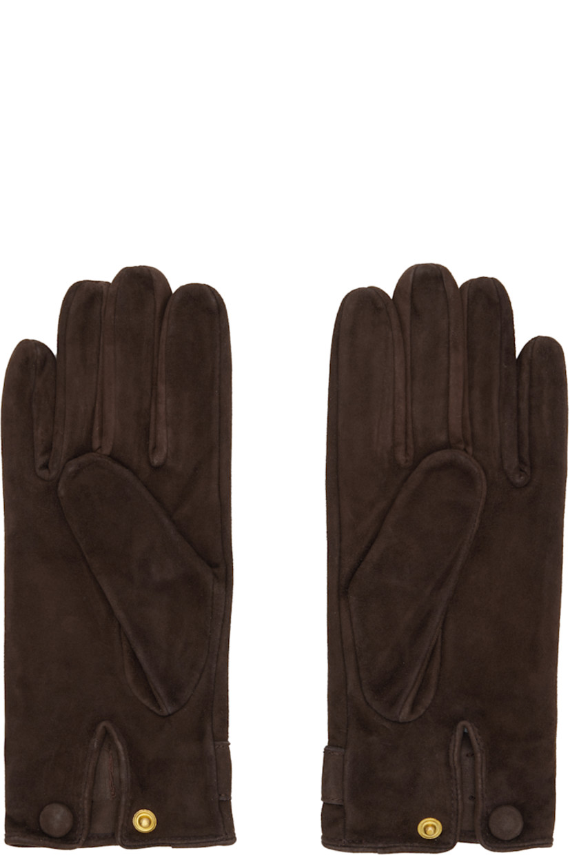 Suede gloves.

· Pin-buckle strap at top
· Press-stud fastening at vented cuffs

Supplier color: Brown suede