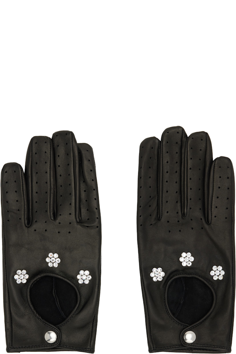 Grained lambskin gloves.

· Perforations at fingers
· Cutout with floral Swarovski crystal accents at top
· Press-stud fastening at cuffs
· Suede interior

Supplier color: Black w/ Swarovski crystals