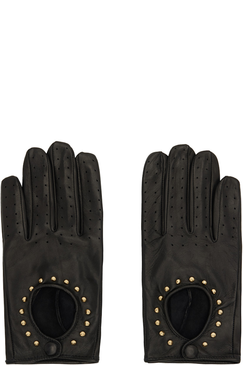 Grained lambskin gloves.

· Perforations at fingers
· Cutout with gold-tone studs at top
· Press-stud fastening at cuffs
· Suede interior

Supplier color: Black w/ Gold studs