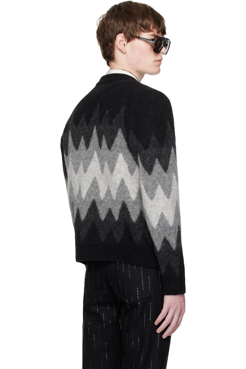Brushed knit stretch virgin wool-blend cardigan. 

· Jacquard graphic pattern throughout
· Rib-knit crewneck, hem, and cuffs
· Button closure

Supplier color: Black/Grey