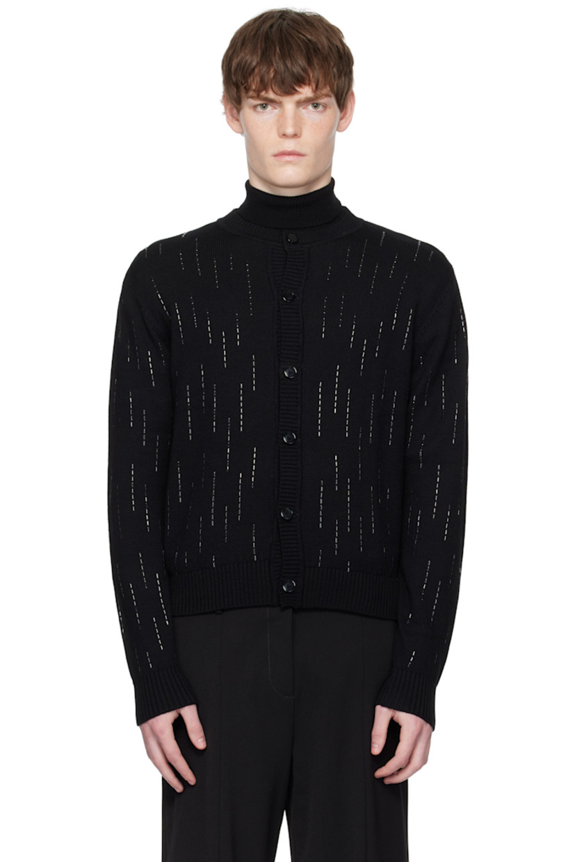Knit virgin wool cardigan.

· Crystal appliqués throughout
· Rib-knit crewneck, hem, and cuffs
· Button closure

Supplier color: Black Crystal
