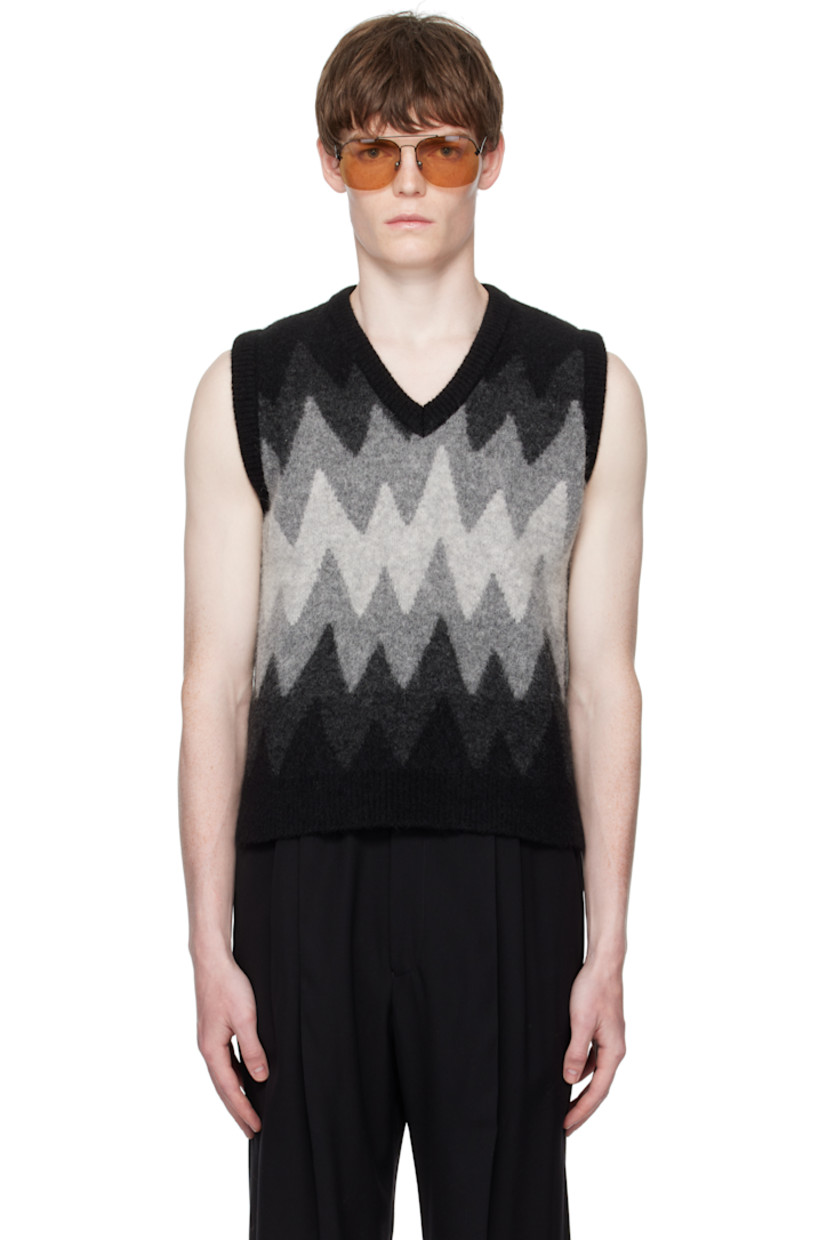 Brushed knit stretch virgin wool-blend vest.

· Jacquard graphic pattern throughout
· Rib-knit V-neck, hem, and armscyes

Supplier color: Black/Grey