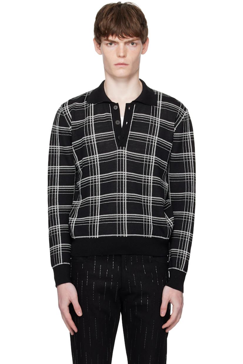 Knit extrafine merino wool-blend polo. 

· Jacquard check pattern throughout
· Rib-knit spread collar, hem, and cuffs
· Three-button placket

Supplier color: Black/White