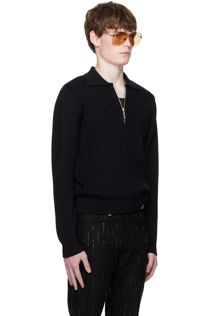 Cable-knit and knit virgin wool polo. 

· Rib-knit spread collar, hem, and cuffs
· Half-zip closure
· Silver-tone hardware

Supplier color: Black