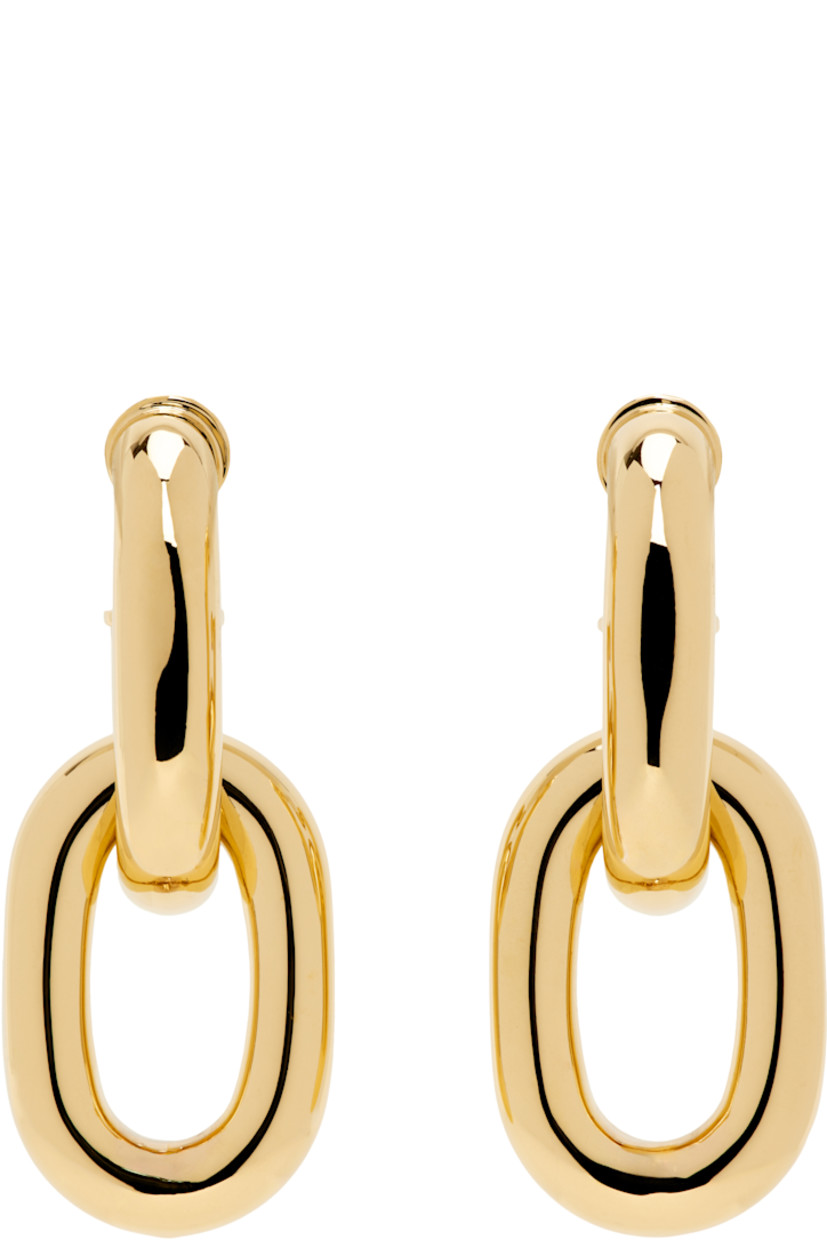 Pair of drop earrings in gold-tone brass.

· Chain link at drop
· Post-stud fastening
· H2.25" x W0.75"

Supplier color: Gold